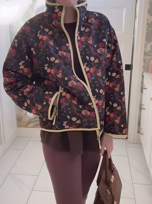 Reversible Front Zip Floral Print Coat