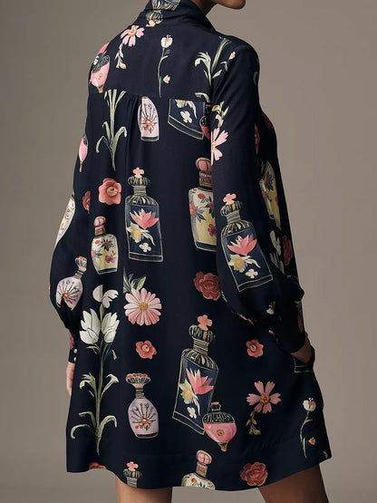 Adjustable Tie-neck Printed Loose Mini Dress