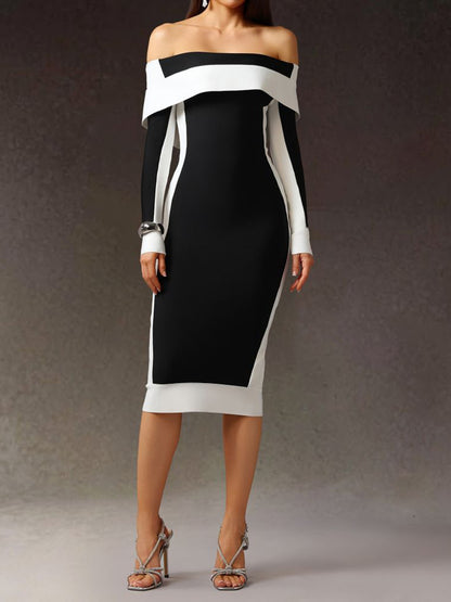 Off Shoulder Color Block Midi Dress
