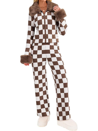 Fur Collar Color Block Two Pieces Set