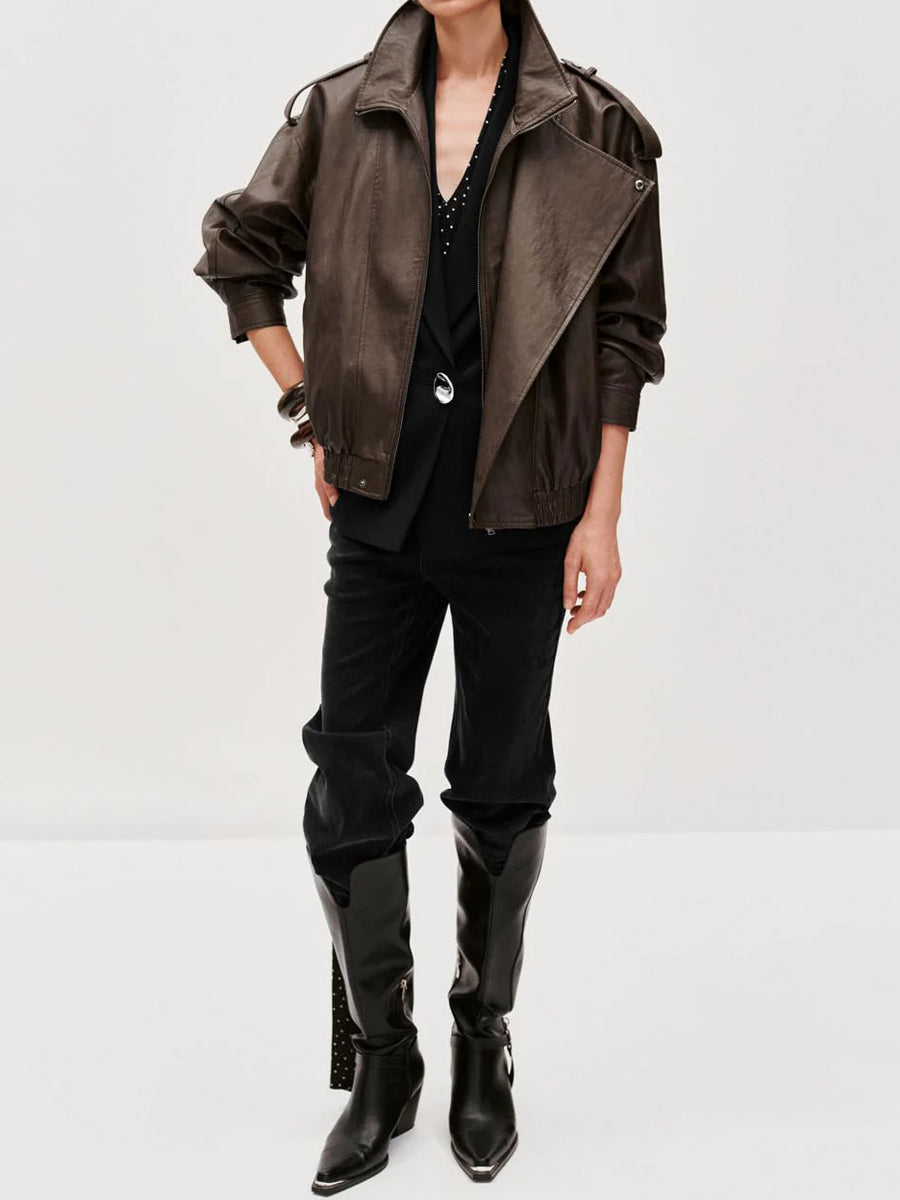 Tie Asymmetric Faux Leather Bomber Jacket