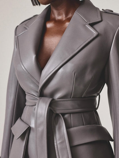 Faux Leather Oversized Front Flap Pockets Trench Coat