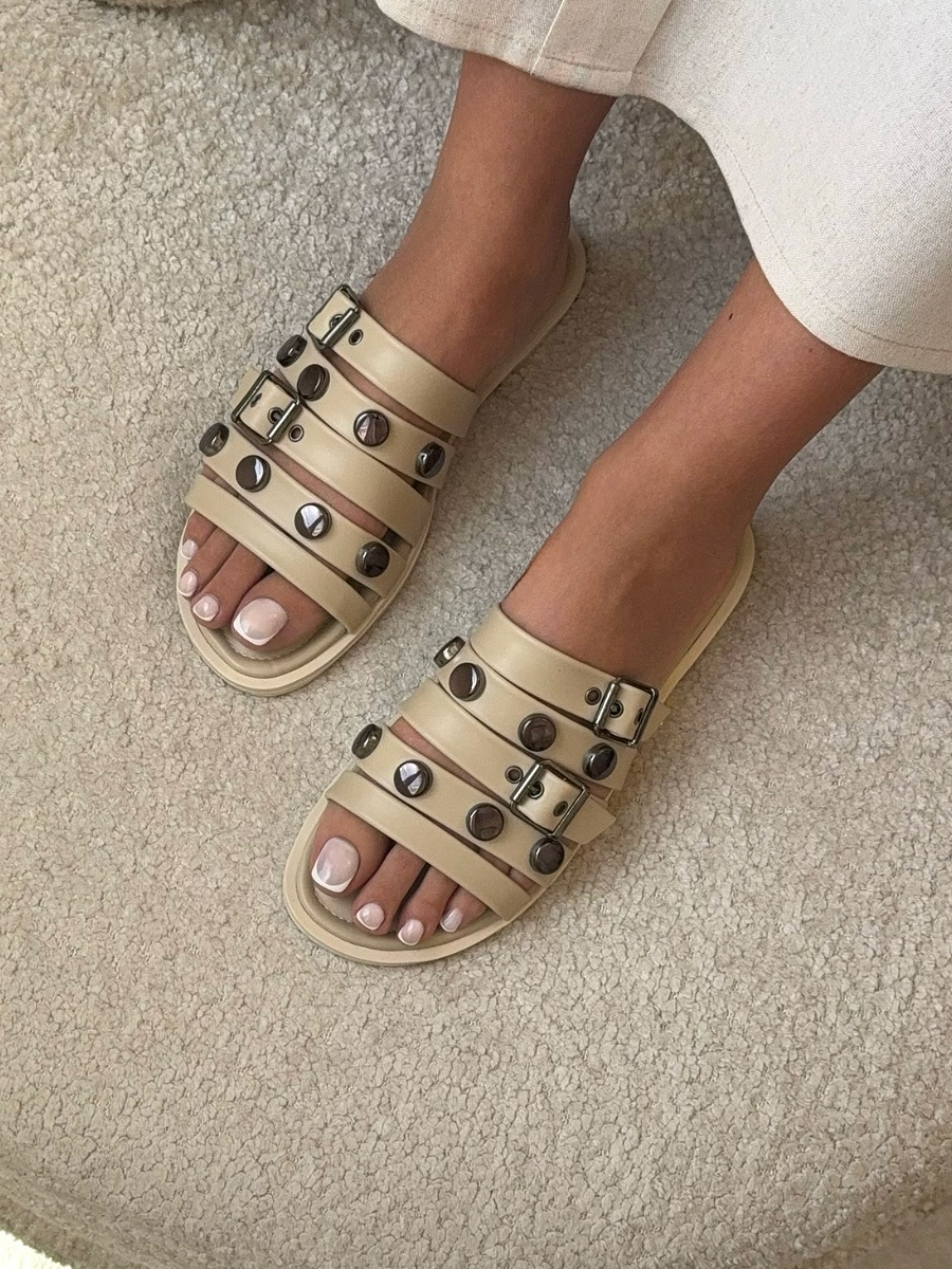 Studded Metal Buckle Flat Sandals
