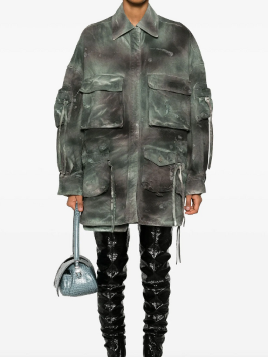 Camouflage Pattern Stressed Effect Denim Jacket