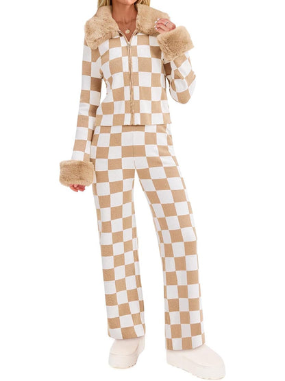 Fur Collar Color Block Two Pieces Set