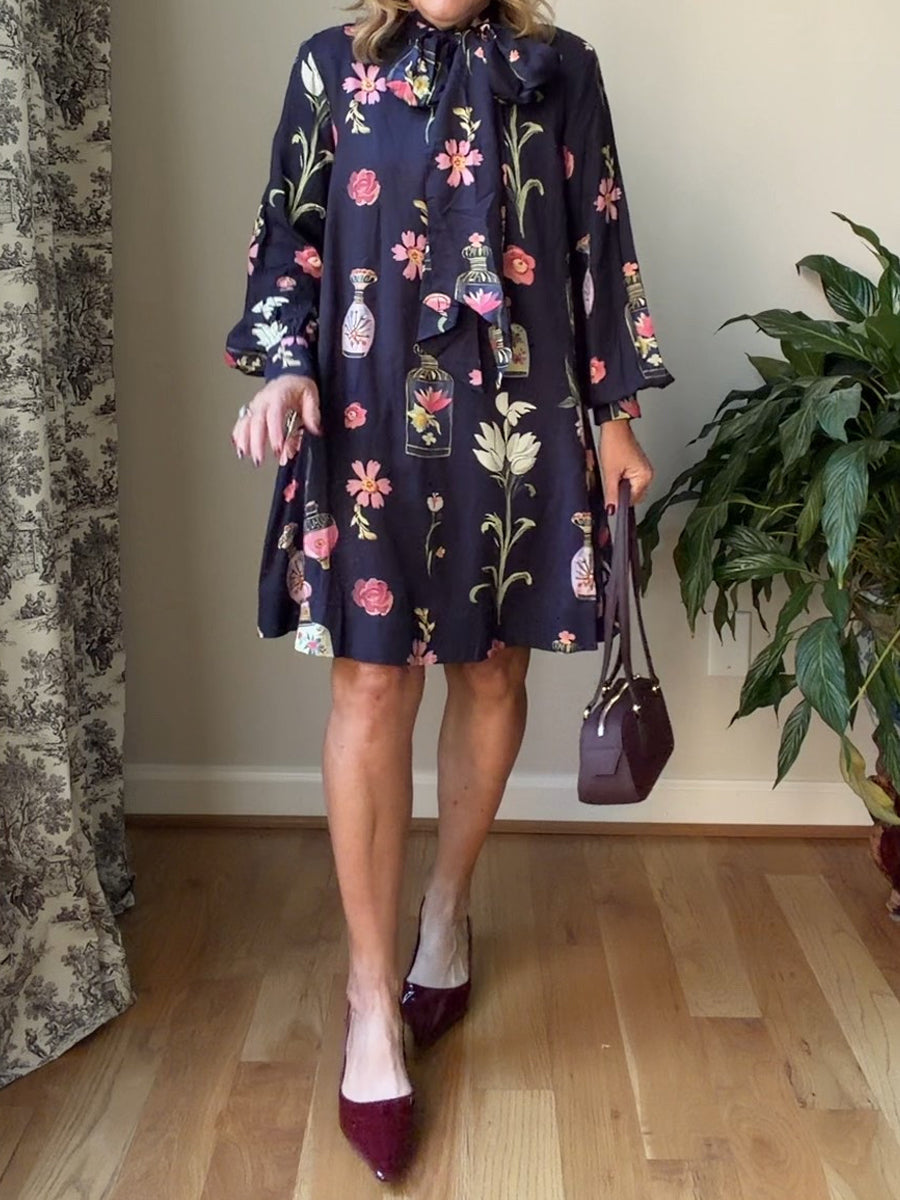 Adjustable Tie-neck Printed Loose Mini Dress