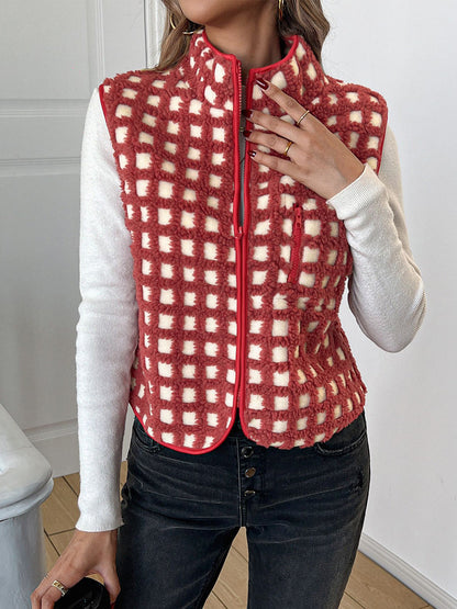 Plush Plaid Stand-collar Sleeveless Vest