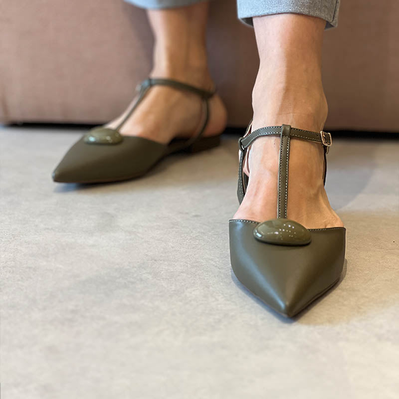 Elegant Leather Ankle - Strap Pointed Flats