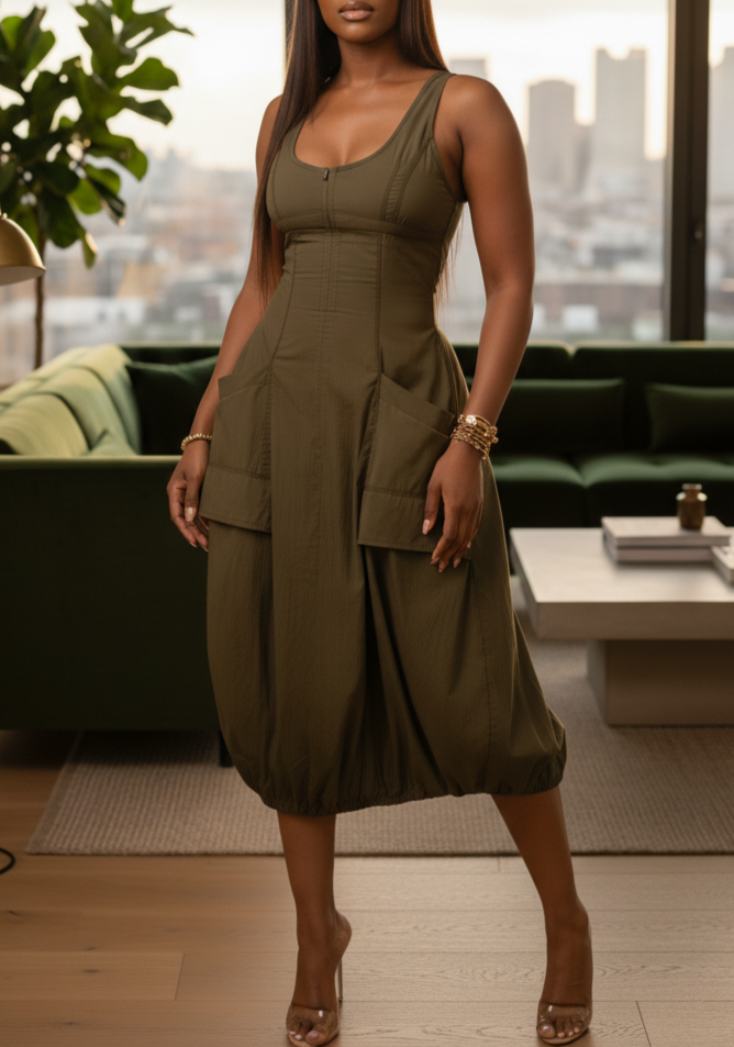 Olive Bubble Hem Midi Dress