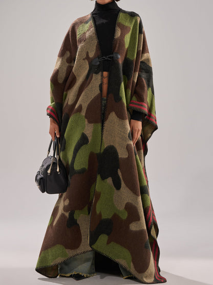 Knitted Camouflage-Print Maxi Poncho