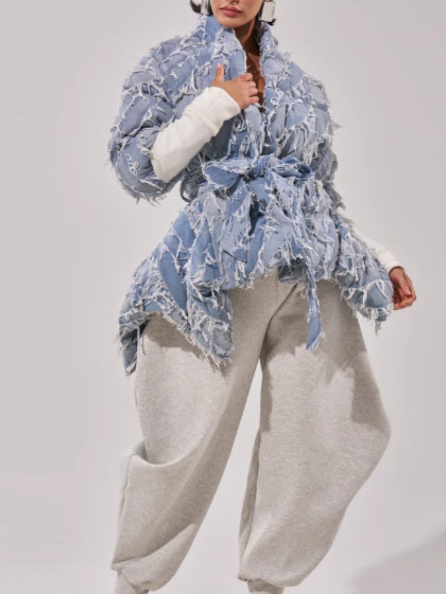 Denim Rip-Sleeve Ruffle Coat