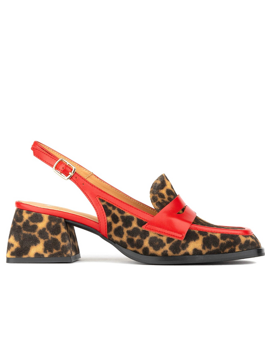 Leopard-Print Red Thick-Heeled Sandals