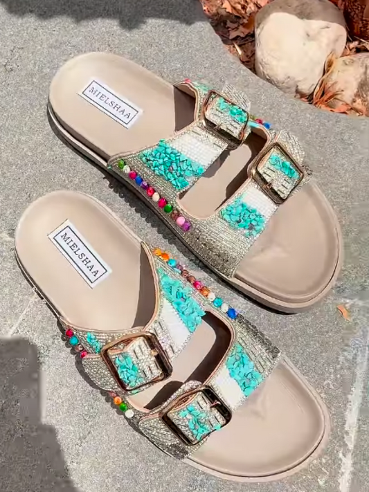 Rhinestone Double Buckle Flat Sandals