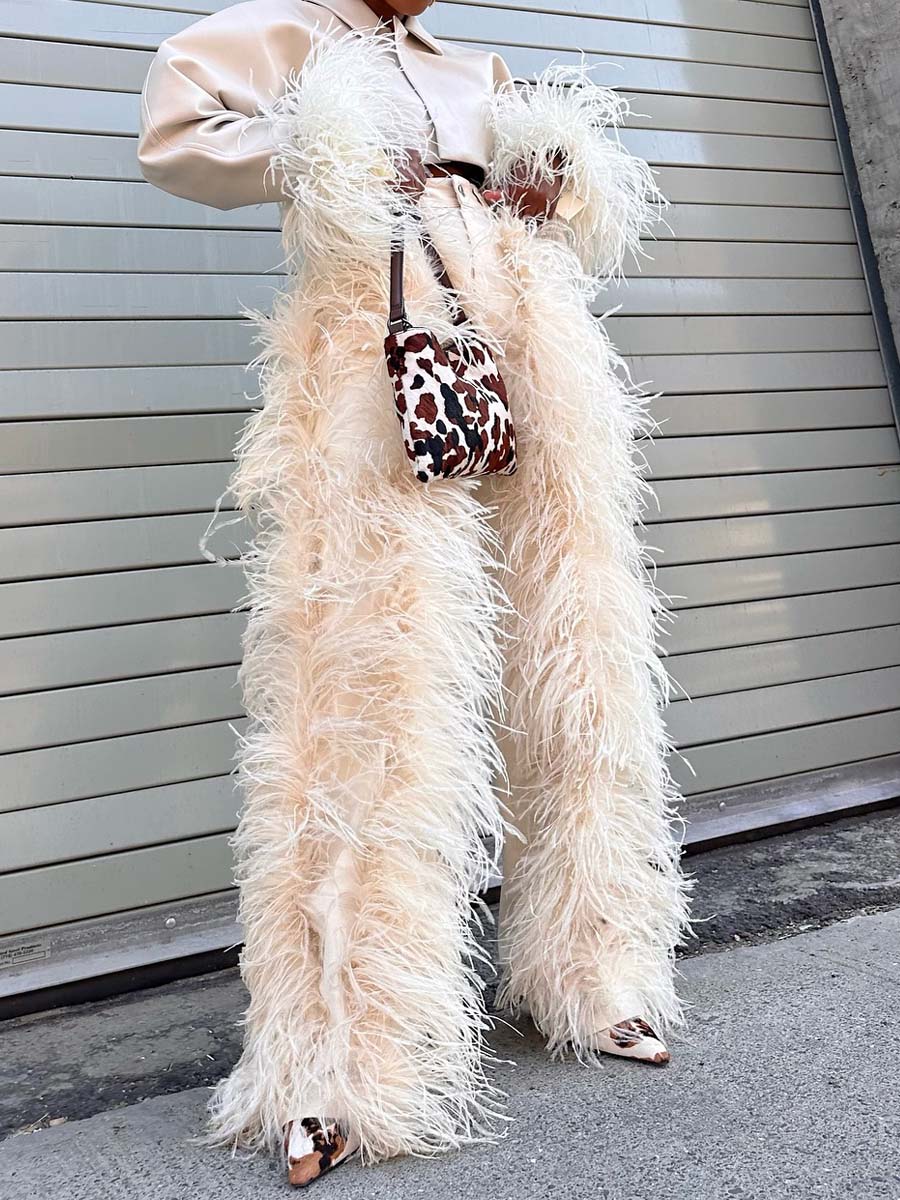 Feather Decoration Fashion Cropped Blazer & Pants