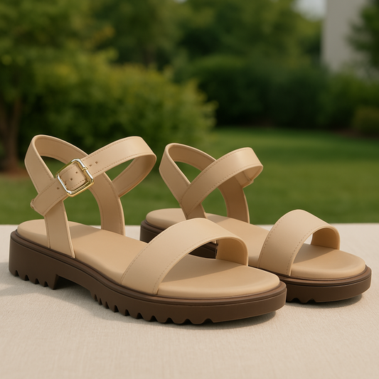 Beige Double - Strap Block Heel Sandals