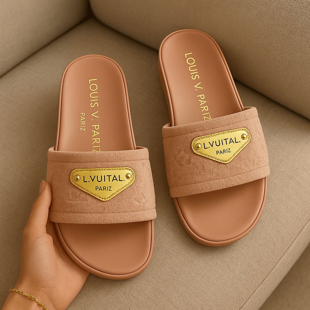 Pink Terry Cloth Slide Sandals With Gold Plate