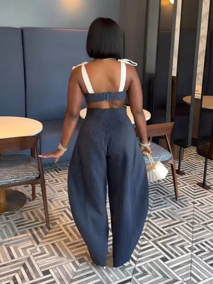 Chic Retro Striped Wide Leg Pants Set