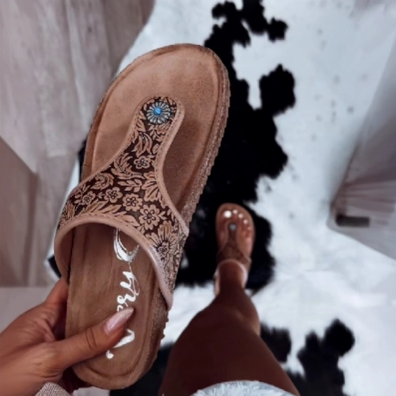 Embroidered Suede Slide Sandals With Gem Accent
