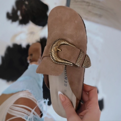 Chunky Buckle Suede Mules