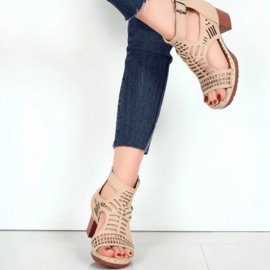 Beige Perforated Ankle Strap Block Heel Sandals