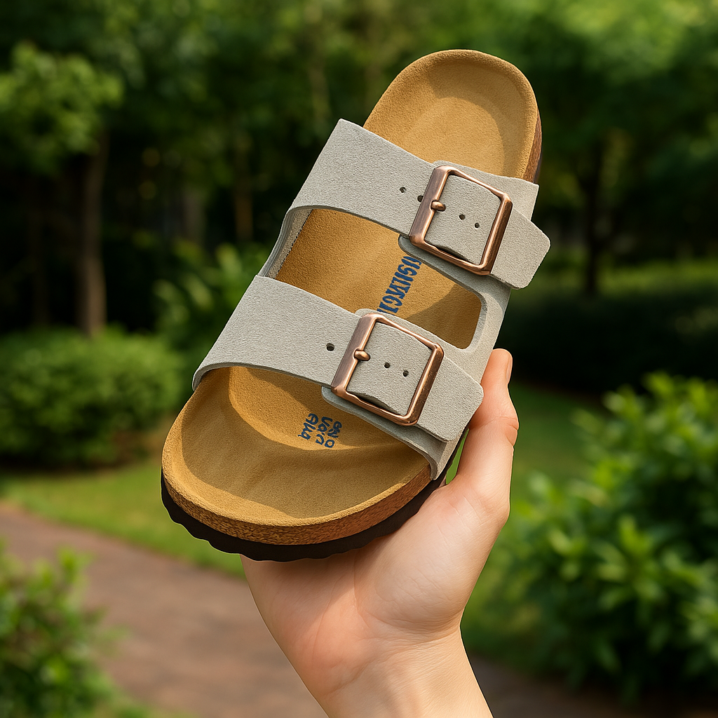 Dual - Strap Suede Slide Sandals With Rose Gold Buckles