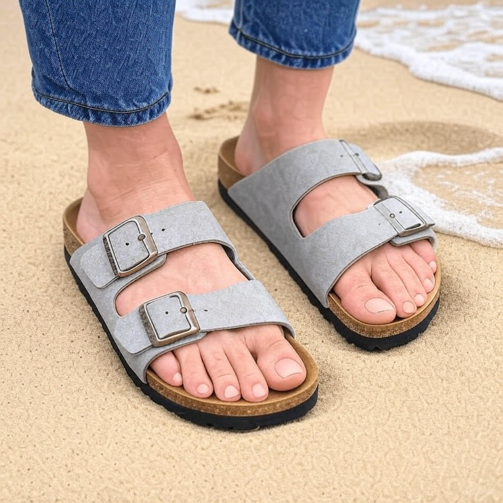 Dual - Strap Suede Slide Sandals With Rose Gold Buckles