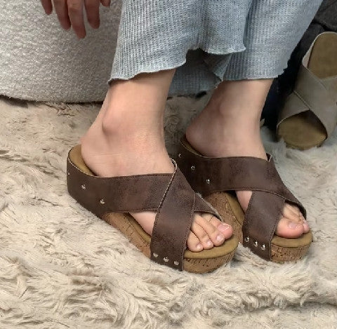 Rustic Brown Studded Wedge Sandals