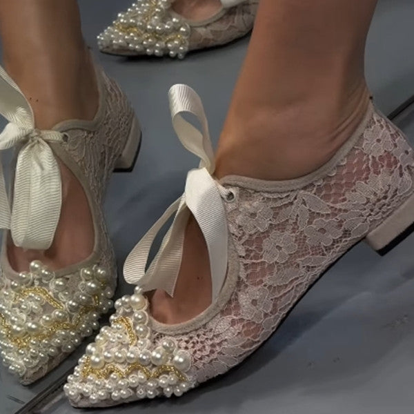 Lace - Up Pearl Embellished Ballet Flats