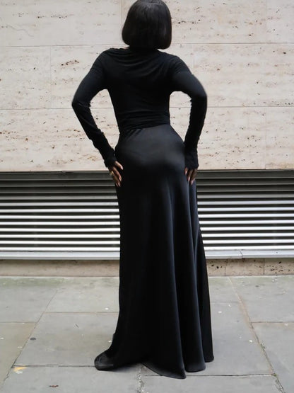 Black Minimalist Two-Piece Set With Leather Belt