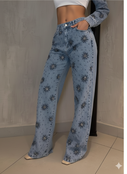Rhinestone Sparkle Flower Print Denim Two Pieces Set