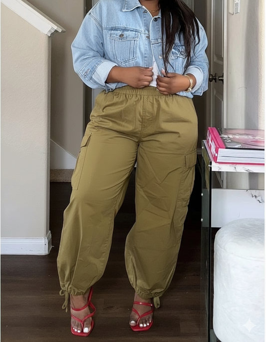 Khaki Cargo Pants With Drawstring Hem