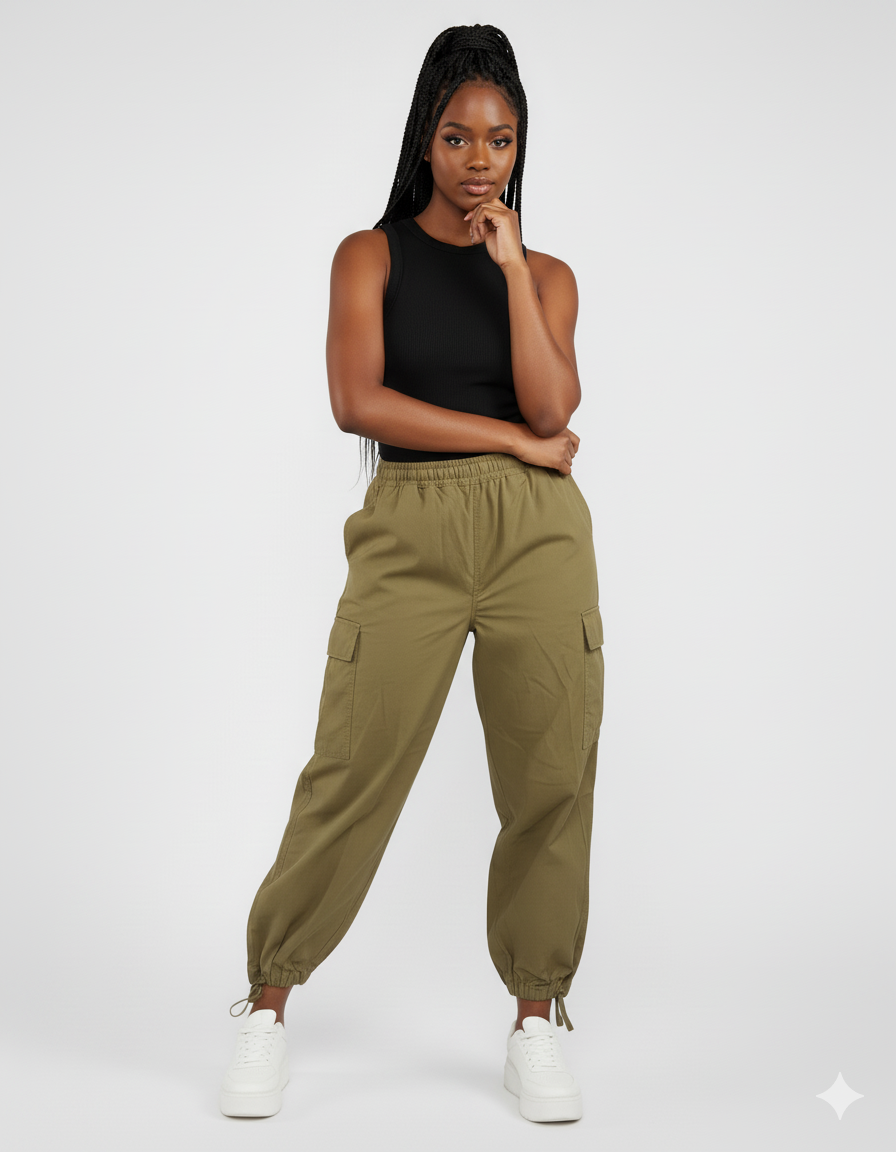 Khaki Cargo Pants With Drawstring Hem