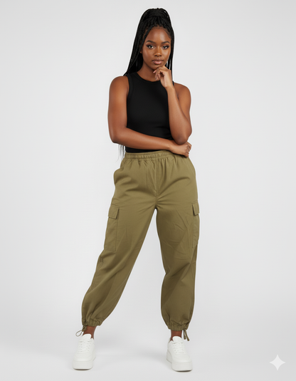 Khaki Cargo Pants With Drawstring Hem
