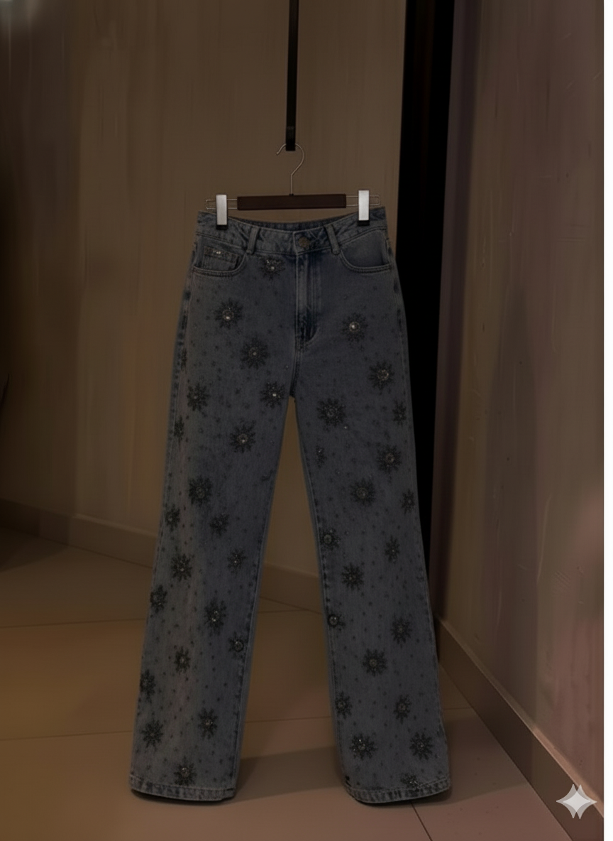 Rhinestone Sparkle Flower Print Denim Two Pieces Set