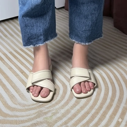 Beige Cross - Strap Square - Toe Slide Sandals