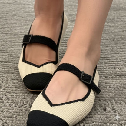 Beige and Black Mary Jane Flats