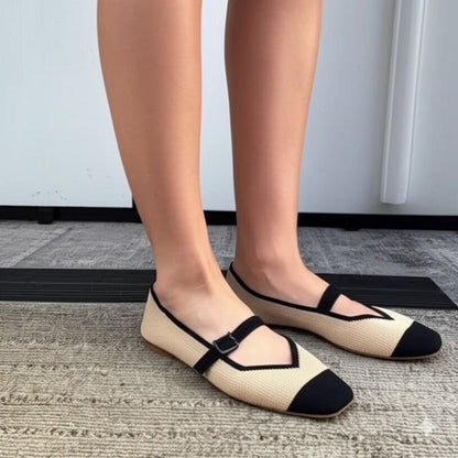 Beige and Black Mary Jane Flats
