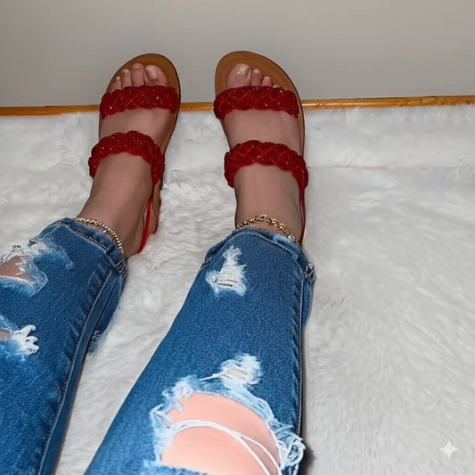 Red Embroidered Strap Slide Sandals