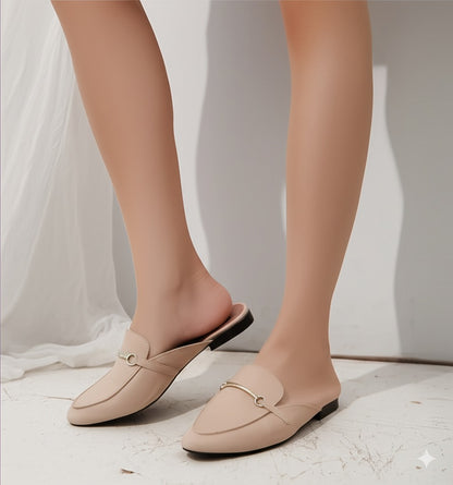 Beige Buckle Embellished Mule Flats