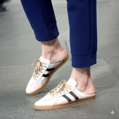 Beige and Black Striped Slip - on Sneakers