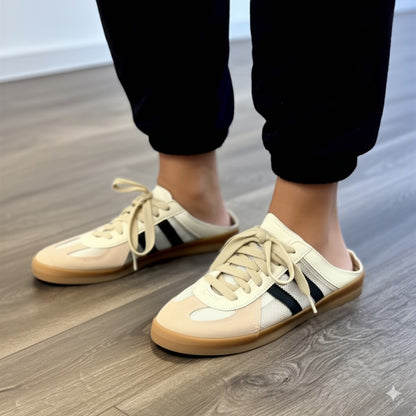 Beige and Black Striped Slip - on Sneakers