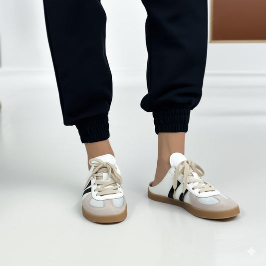 Beige and Black Striped Slip - on Sneakers