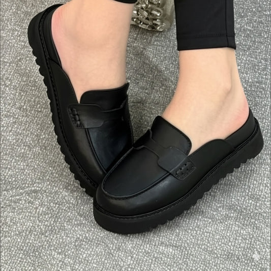 Leather Platform Loafer Mules
