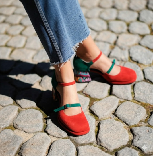 Color - Blocked Floral Heel Mary Janes