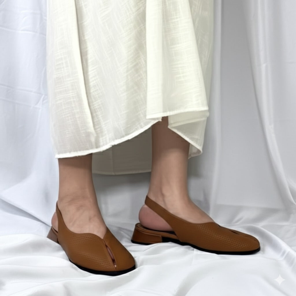Tan Leather Square - Toe Slingback Flats