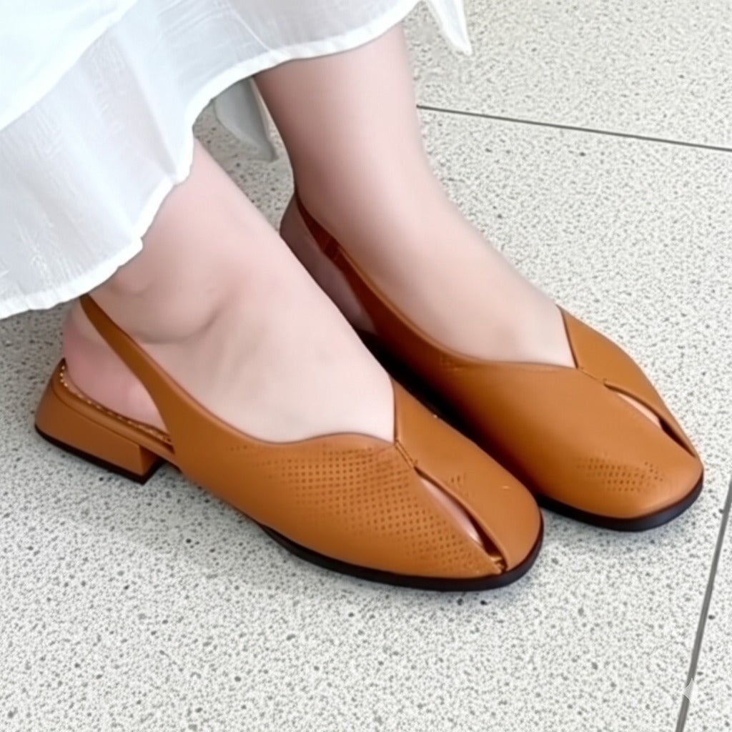 Tan Leather Square - Toe Slingback Flats