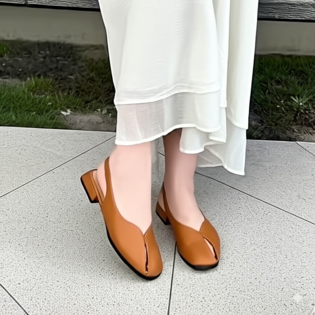 Tan Leather Square - Toe Slingback Flats