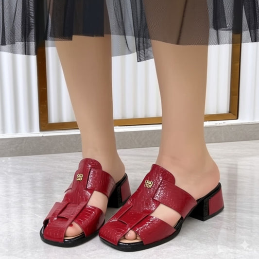 Red Patent Leather Block Heel Mules
