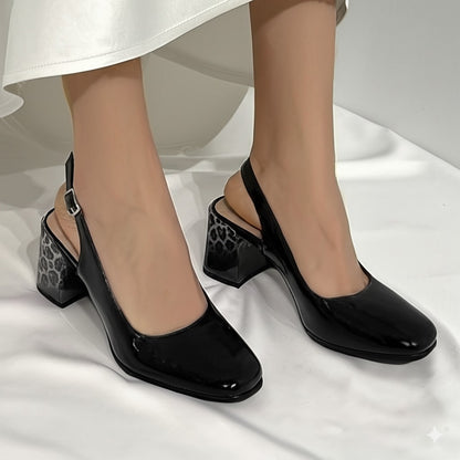 Patent Leather Slingback Block Heels with Leopard Print Heel