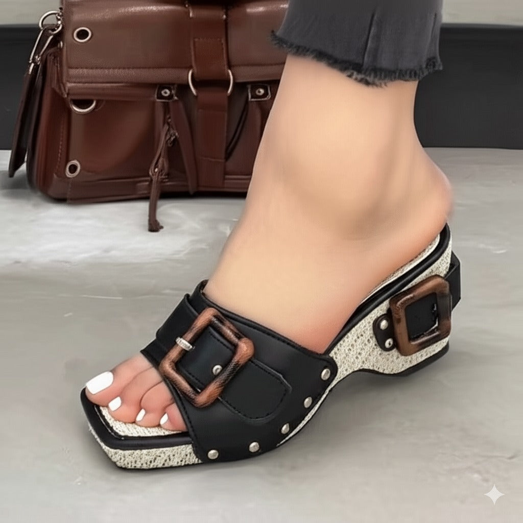 Buckled Espadrille Wedge Mules